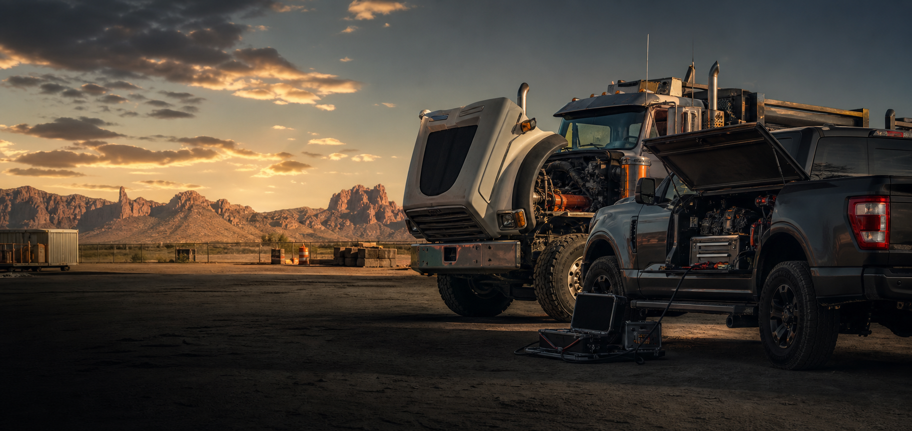 Mobile mechanic service truck assisting a diesel work truck in Arizona