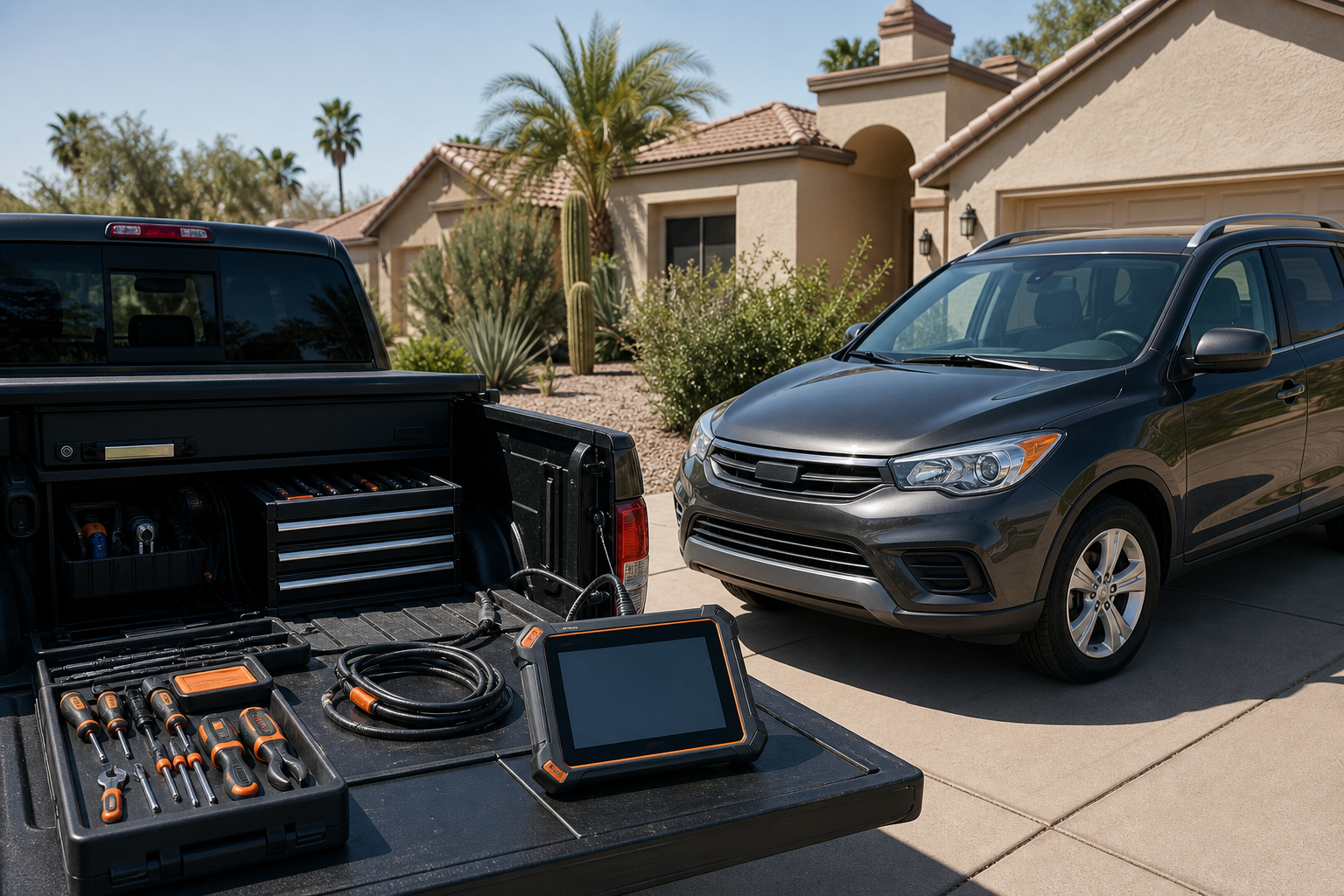 Mobile passenger vehicle diagnostic equipment in a Phoenix driveway